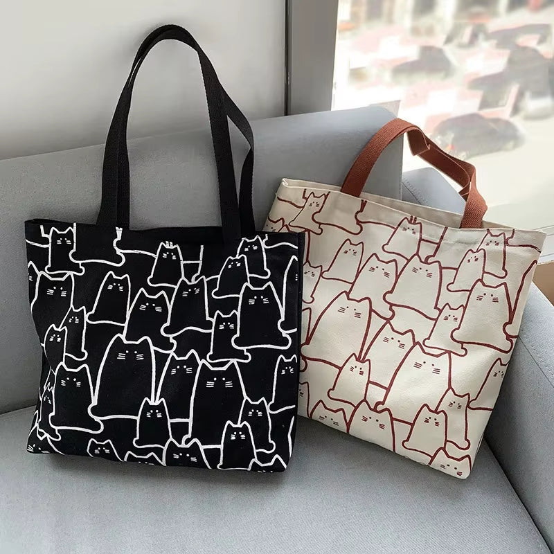 Cute Cat Canvas Tote Bag for Women - Stylish Japanese Design with Zipper, Perfect for Shopping and Everyday Use