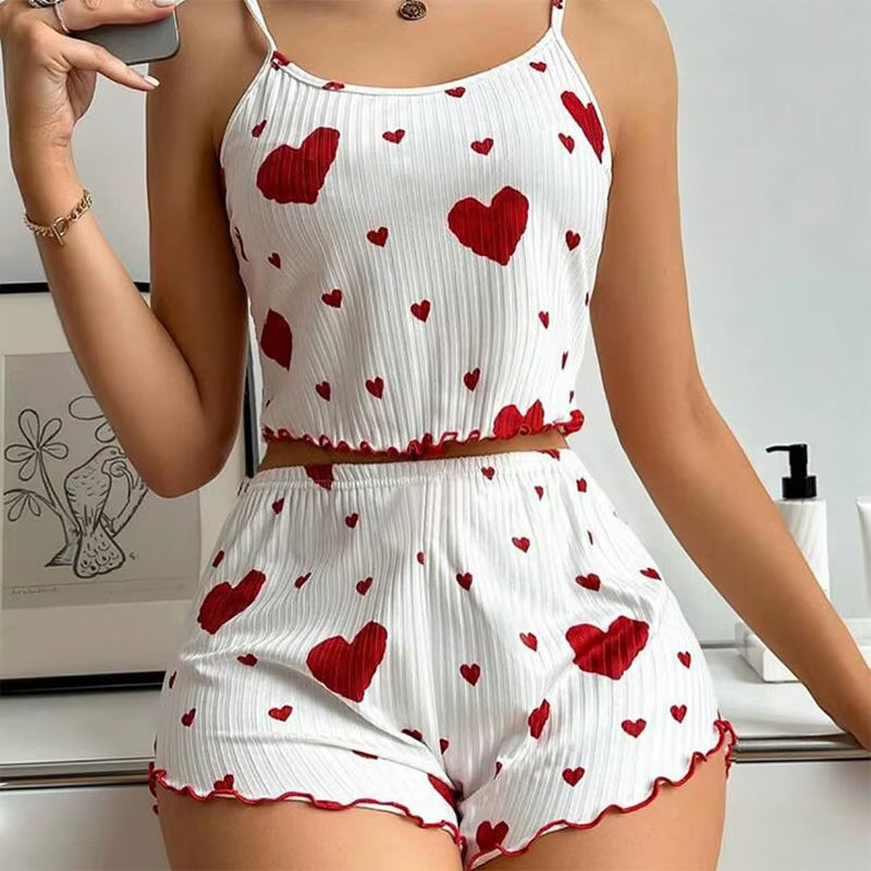 Cozy Women's 2-Piece Pajama Set - Soft Love Print Tank Top & Shorts, Perfect for Sleepwear!