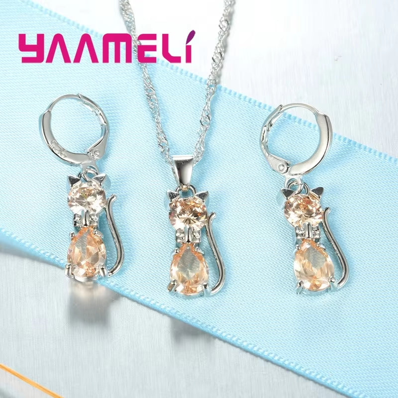 Elegant 925 Sterling Silver Cat Pendant Necklace and Huggie Earring Set with Shimmering Austrian Crystals for Women and Girls
