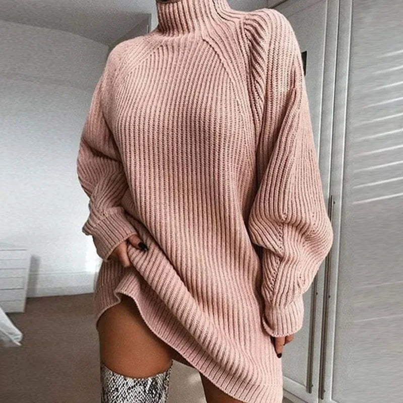 Chic Women's Autumn Winter Turtleneck Sweater Dress - Cozy Loose Knit Long Sleeve Pullover