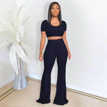 Women's 2-Piece Workout Set - Stylish Crop Top with High-Waisted Flared Pants for Yoga and Sports