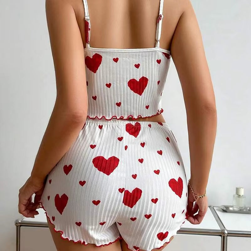 Cozy Women's 2-Piece Pajama Set - Soft Love Print Tank Top & Shorts, Perfect for Sleepwear!