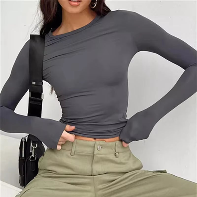 Chic Y2K Crop Top - Women's Long Sleeve Casual Tee for Spring & Autumn Streetwear