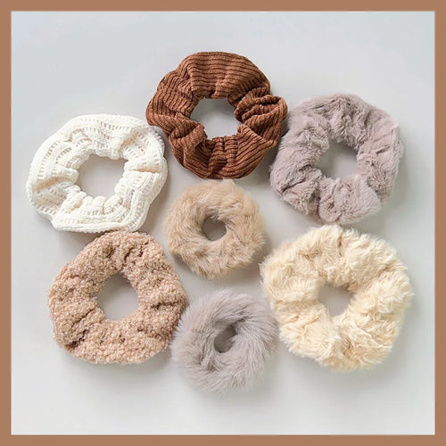 Chic 7-Piece Plush Hair Scrunchies Set - Soft Solid Color Ponytail Holders & Hair Accessories for Girls