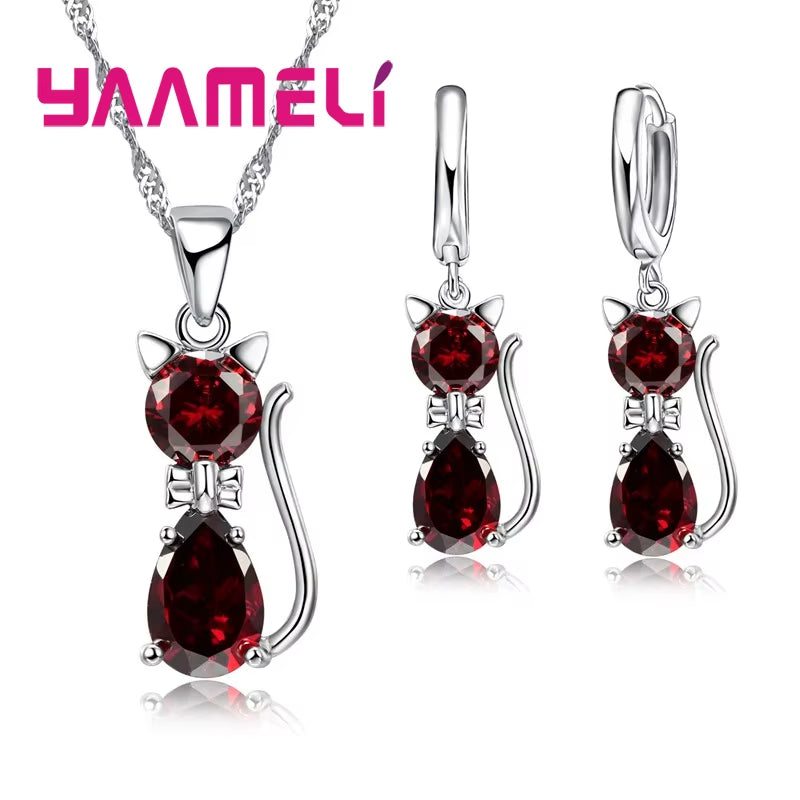 Elegant 925 Sterling Silver Cat Pendant Necklace and Huggie Earring Set with Shimmering Austrian Crystals for Women and Girls