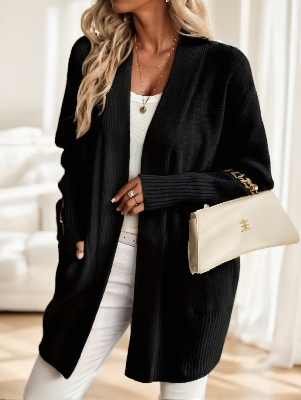 Cozy Knit Cardigan in black styled with a handbag