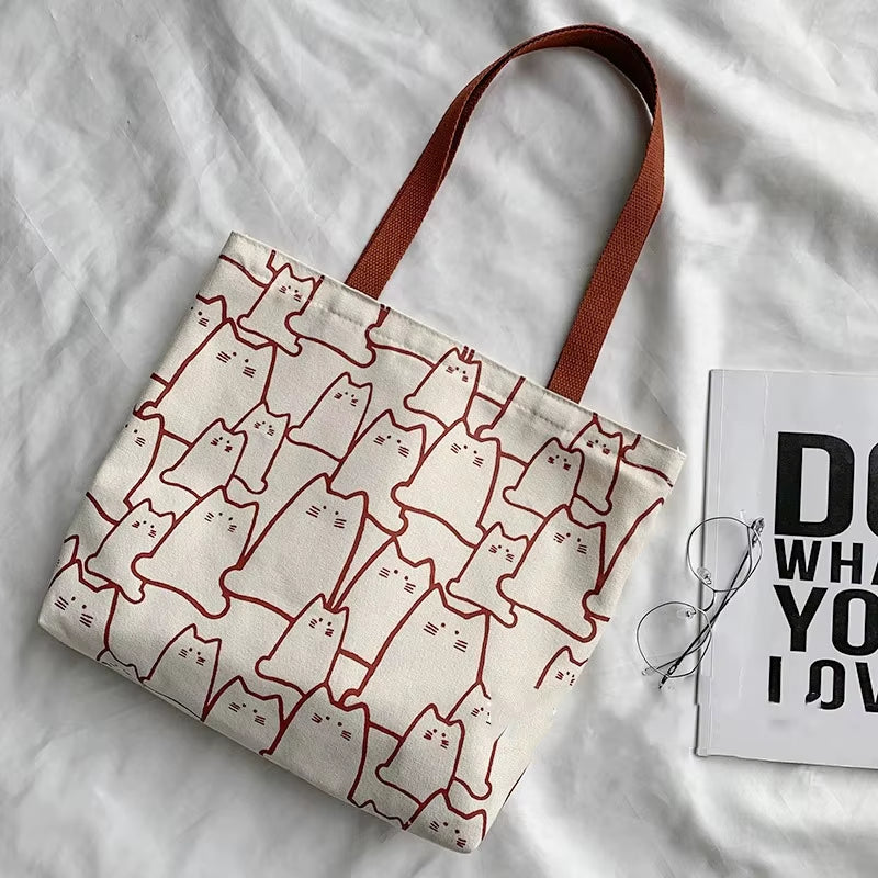 Cute Cat Canvas Tote Bag for Women - Stylish Japanese Design with Zipper, Perfect for Shopping and Everyday Use