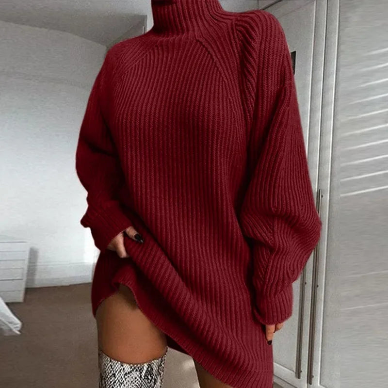 Chic Women's Autumn Winter Turtleneck Sweater Dress - Cozy Loose Knit Long Sleeve Pullover