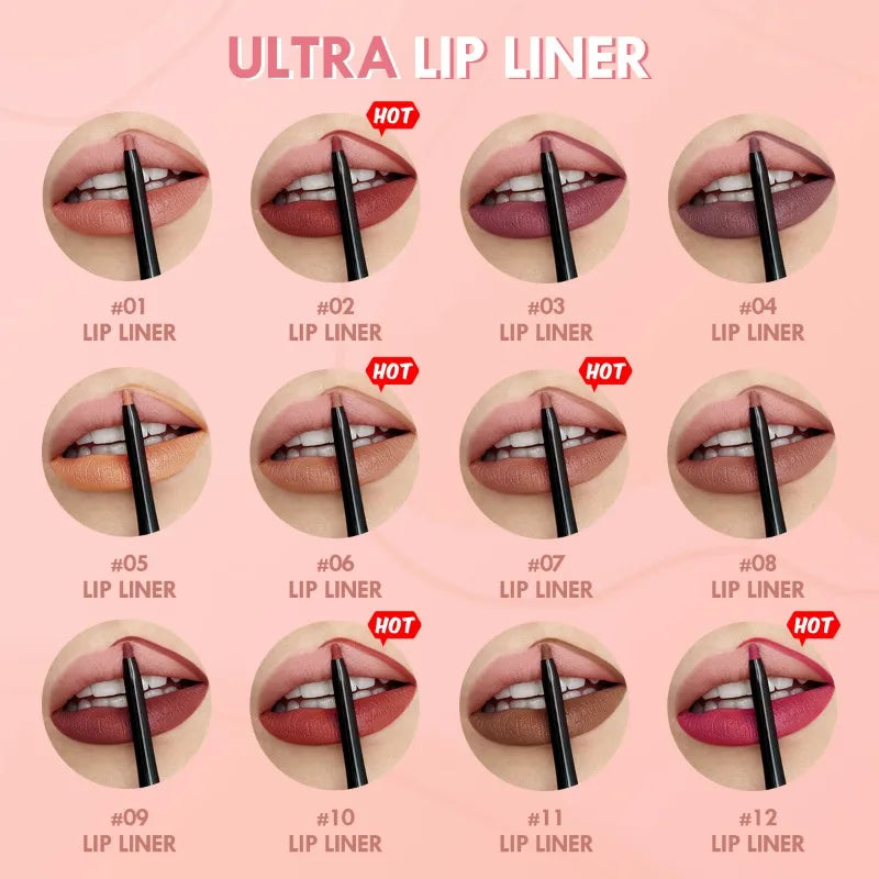 Waterproof Matte Lip Liner Pencil - Red Contour Tint Lipstick, Long-Lasting, Non-Stick, Moisturizing Lip Makeup Available in 12 Shades