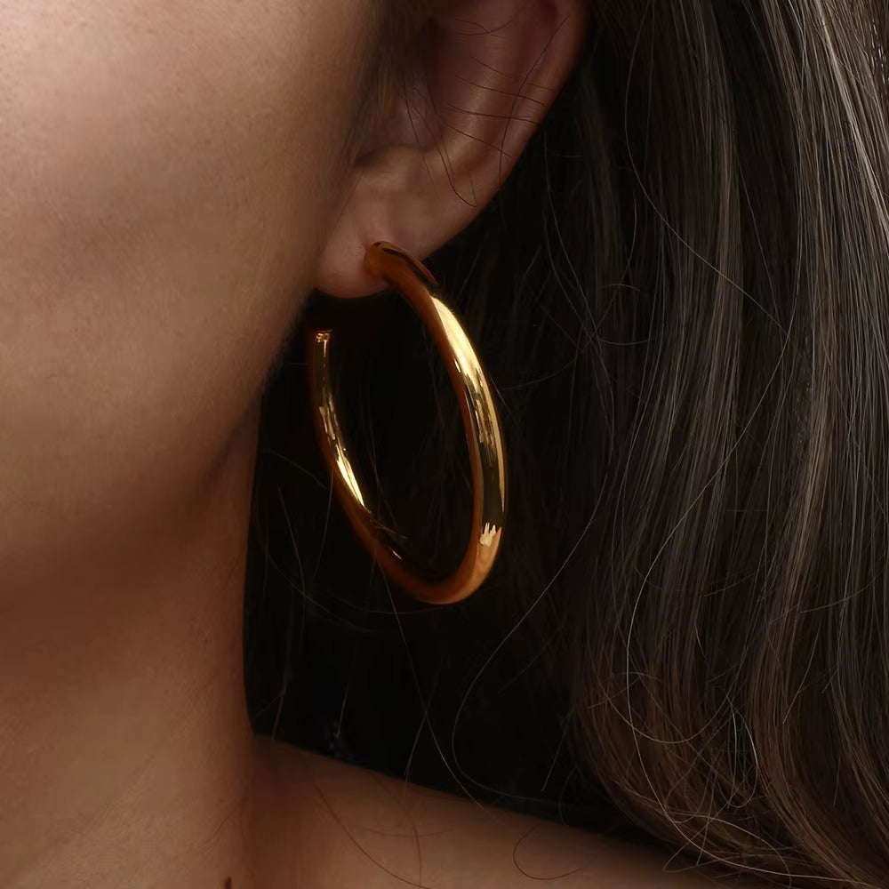 Hypoallergenic Tarnish-Resistant Stainless Steel Gold-Plated Hoop Earrings in Large, Medium, and Small Sizes for Women