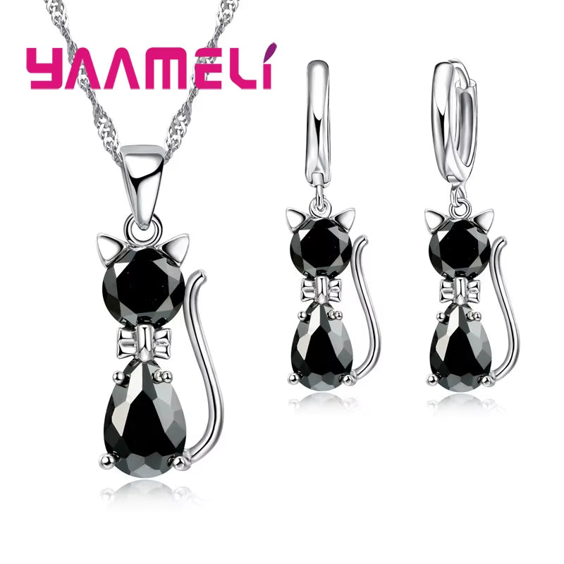 Elegant 925 Sterling Silver Cat Pendant Necklace and Huggie Earring Set with Shimmering Austrian Crystals for Women and Girls
