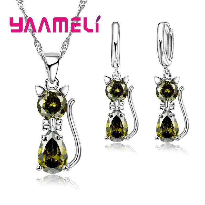 Elegant 925 Sterling Silver Cat Pendant Necklace and Huggie Earring Set with Shimmering Austrian Crystals for Women and Girls