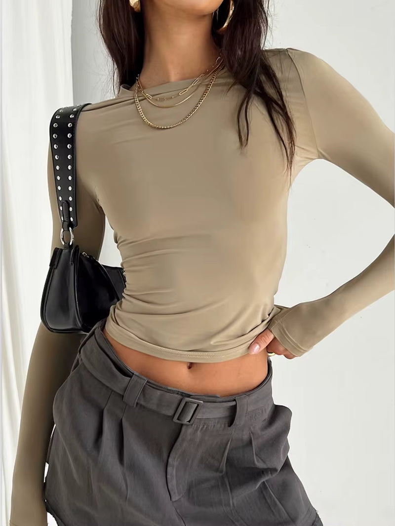 Chic Women's Long Sleeve Casual Tees - Slim Fit Pullover for Spring & Autumn Streetwear